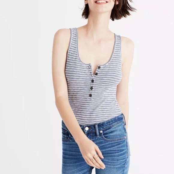 Madewell Tops - Madewell Blue White Ribbed Striped Sleeveless Henley Indie Bodysuit S